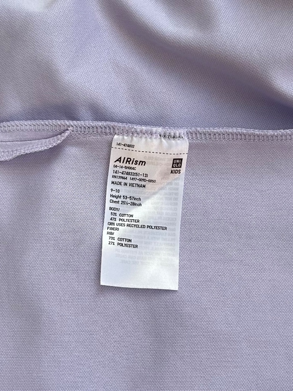 Uniqlo AIRISM Youth 9-10 Light Purple Crew Neck Long Sleeve T-Shirt - Picture 4 of 4